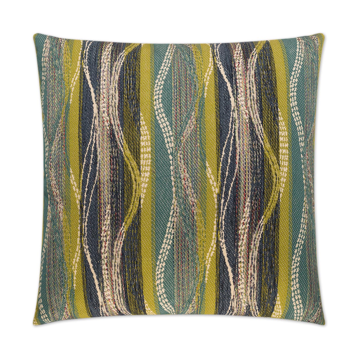 Decorative throw pillow with abstract vertical wavy stripes in teal, olive, navy and cream; woven textile.