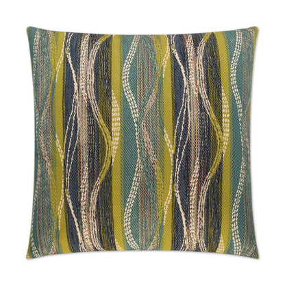 Decorative throw pillow with abstract vertical wavy stripes in teal, olive, navy and cream; woven textile.