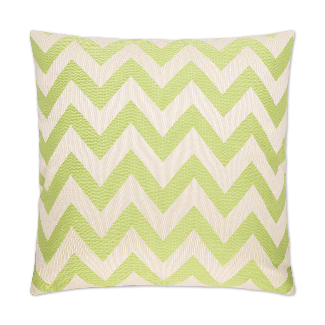 Square throw pillow with lime green chevron pattern on white background; modern geometric decor for couch or bed.