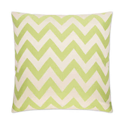 Square throw pillow with lime green chevron pattern on white background; modern geometric decor for couch or bed.