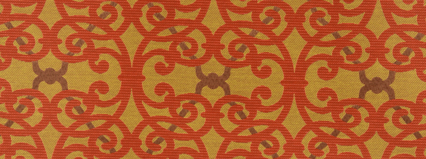 Damask-inspired red scrollwork on gold-beige fabric; ornate decorative textile pattern for upholstery or wallpaper.