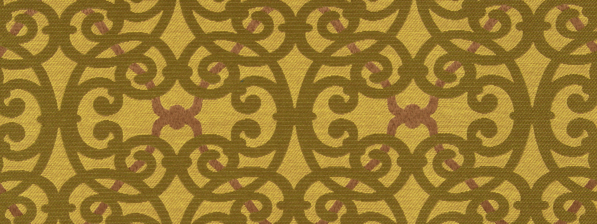 Bronze-brown scrolling arabesque pattern with ornate circular motifs on a warm gold background; upholstery fabric.