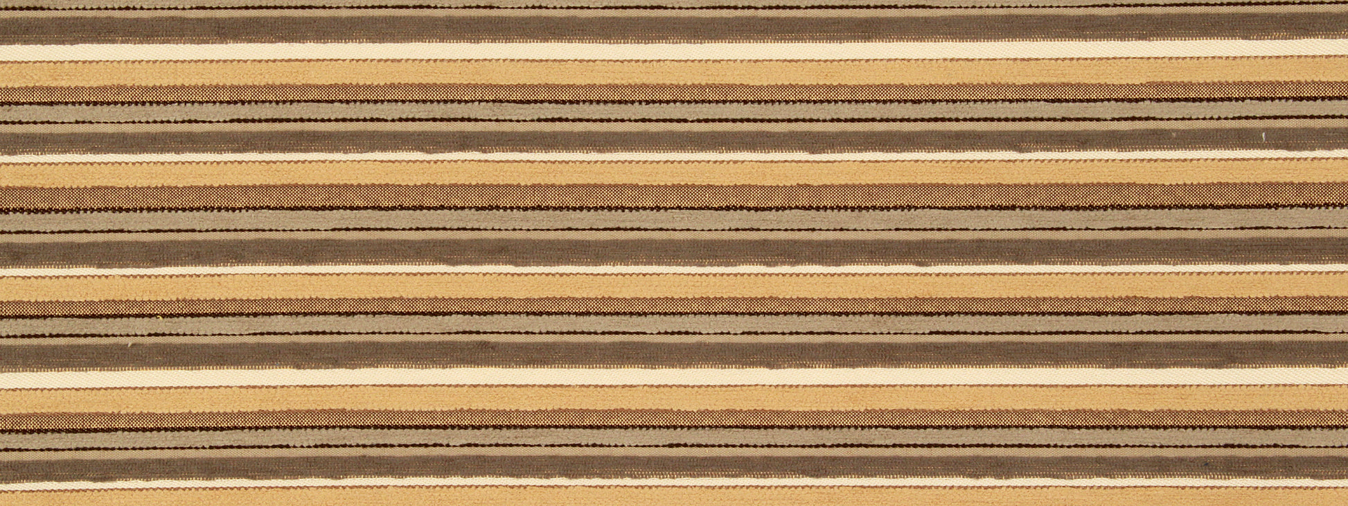 Earthy striped woven upholstery fabric swatch in beige, tan, and brown tones with varied stripe widths and textured weave.