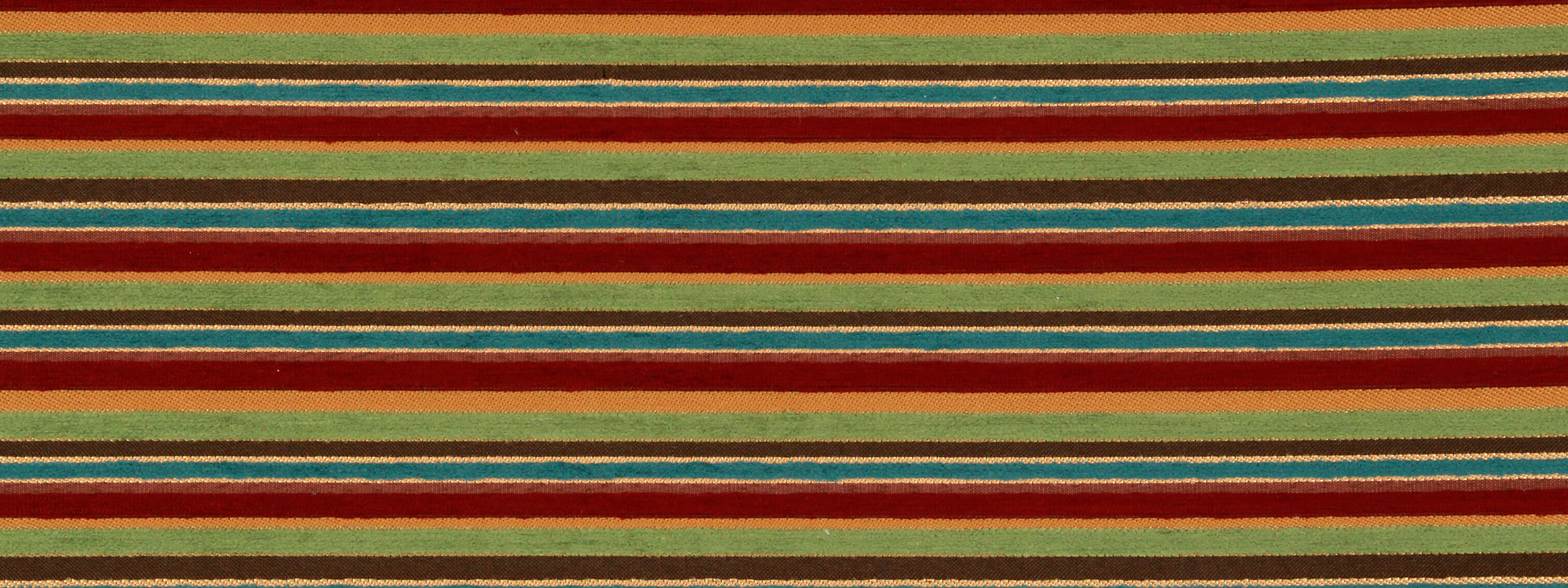Colorful striped woven upholstery fabric with red, green, teal, gold and brown bands.