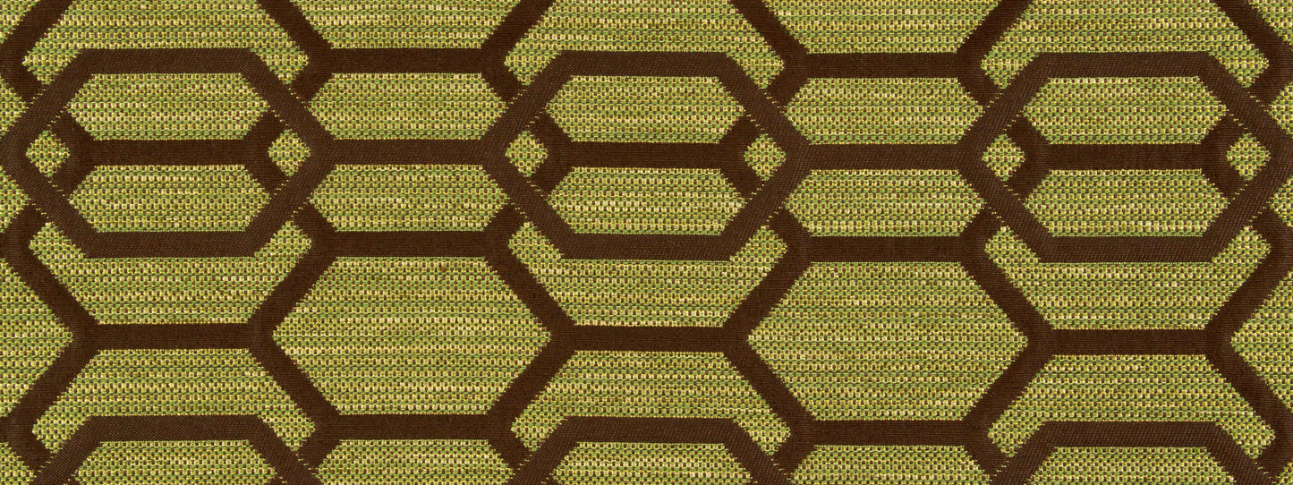 Olive green woven fabric with dark brown hexagonal honeycomb pattern; upholstery textile.