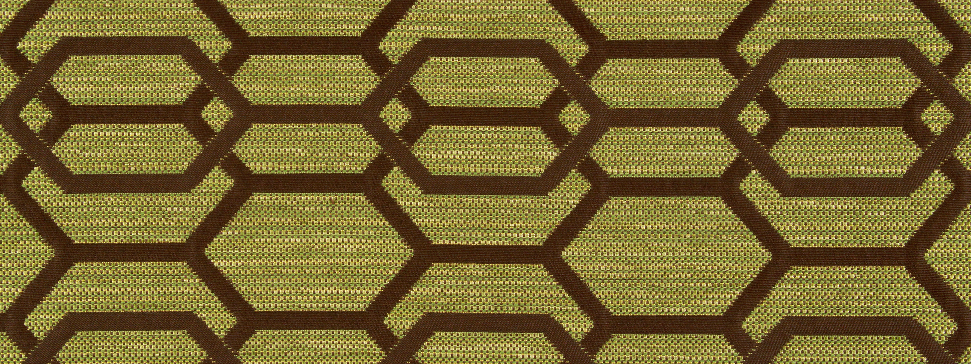 Olive green woven fabric with dark brown hexagonal honeycomb pattern; upholstery textile.