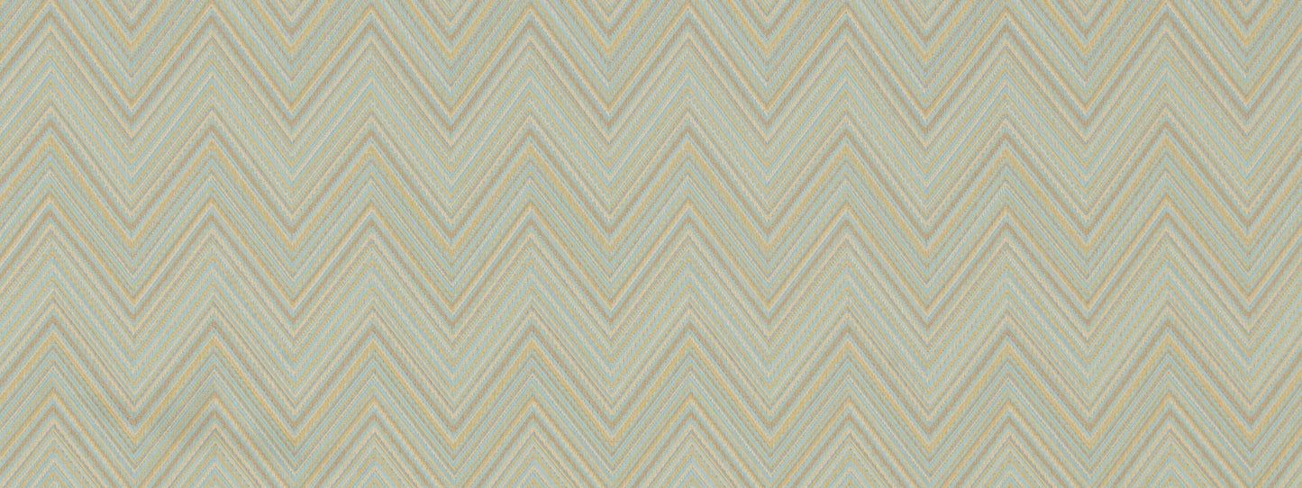 Pastel chevron upholstery fabric in beige, cream and pale blue; geometric zigzag pattern.