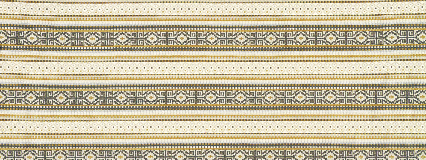 Woven striped textile with repeating blue-gray diamond motifs on beige, boho tribal fabric.