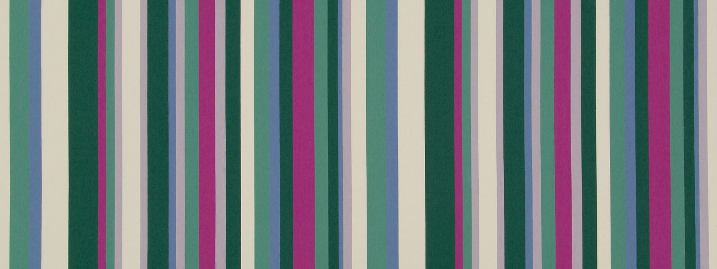 Vertical multicolor striped upholstery fabric in greens, teals, purples, pinks and creams.