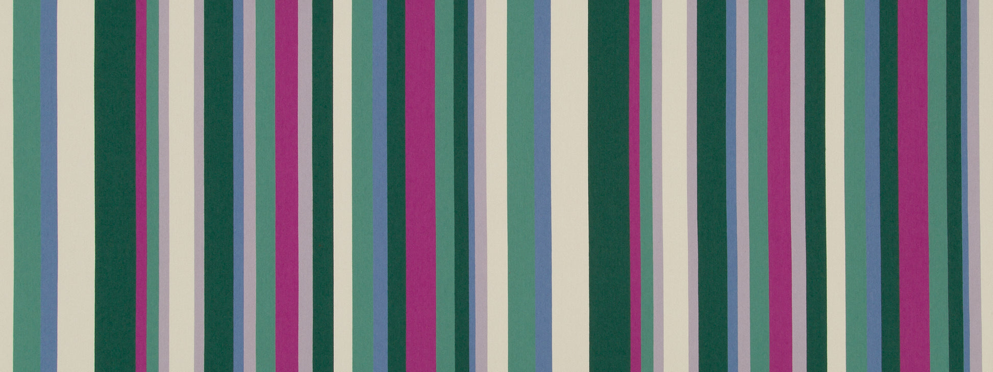 Vertical multicolor striped upholstery fabric in greens, teals, purples, pinks and creams.