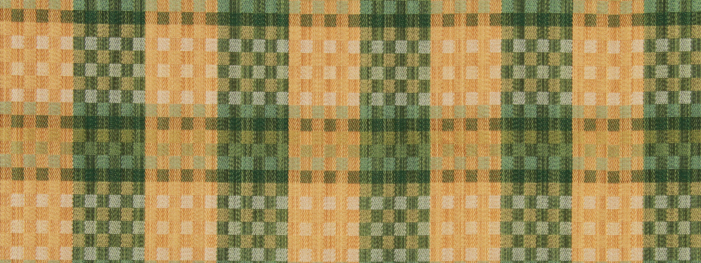 Billiard green, tan and olive plaid upholstery fabric with an alternating check pattern.