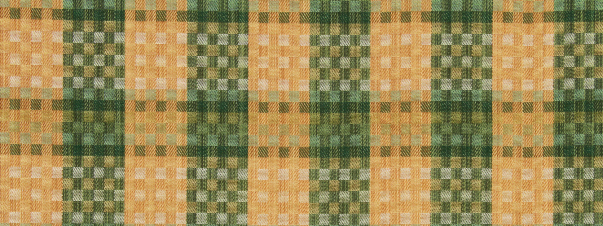 Billiard green, tan and olive plaid upholstery fabric with an alternating check pattern.
