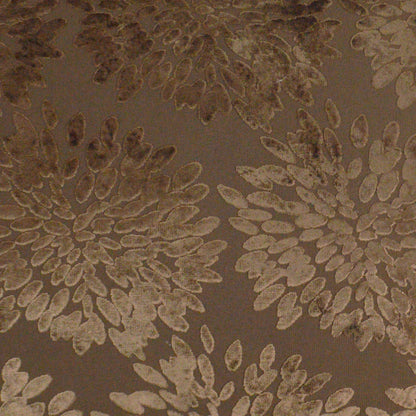 Pillow in taupe-brown fabric with beige damask floral jacquard pattern.
