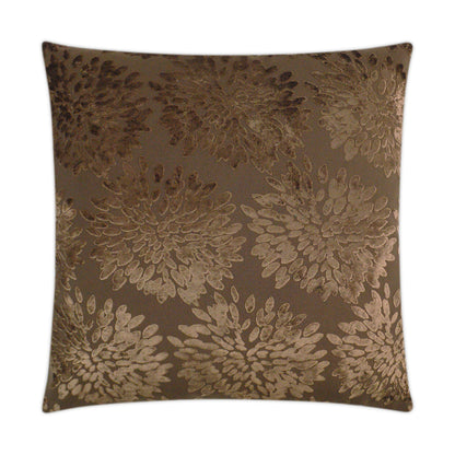 Brown decorative throw pillow with repeating gold floral rosette pattern; soft, textured fabric, square cushion.