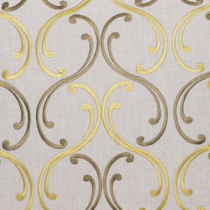 Pillow with linen-textured fabric and repeating gold & bronze scroll motifs in an elegant ornamental pattern, 24" x 24