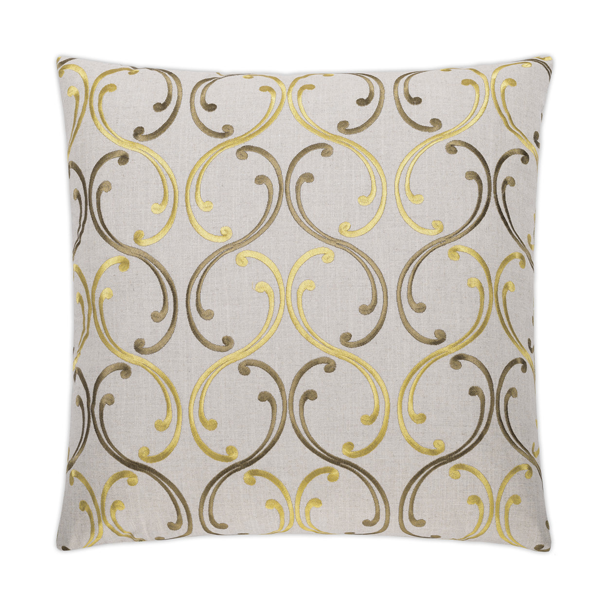 Square beige throw pillow with yellow & brown scrolling damask pattern on linen-like fabric.