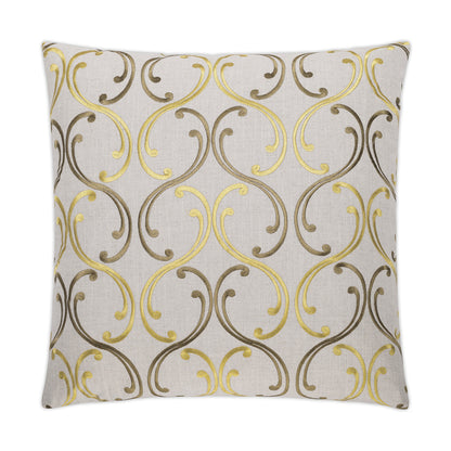 Square beige throw pillow with yellow & brown scrolling damask pattern on linen-like fabric.