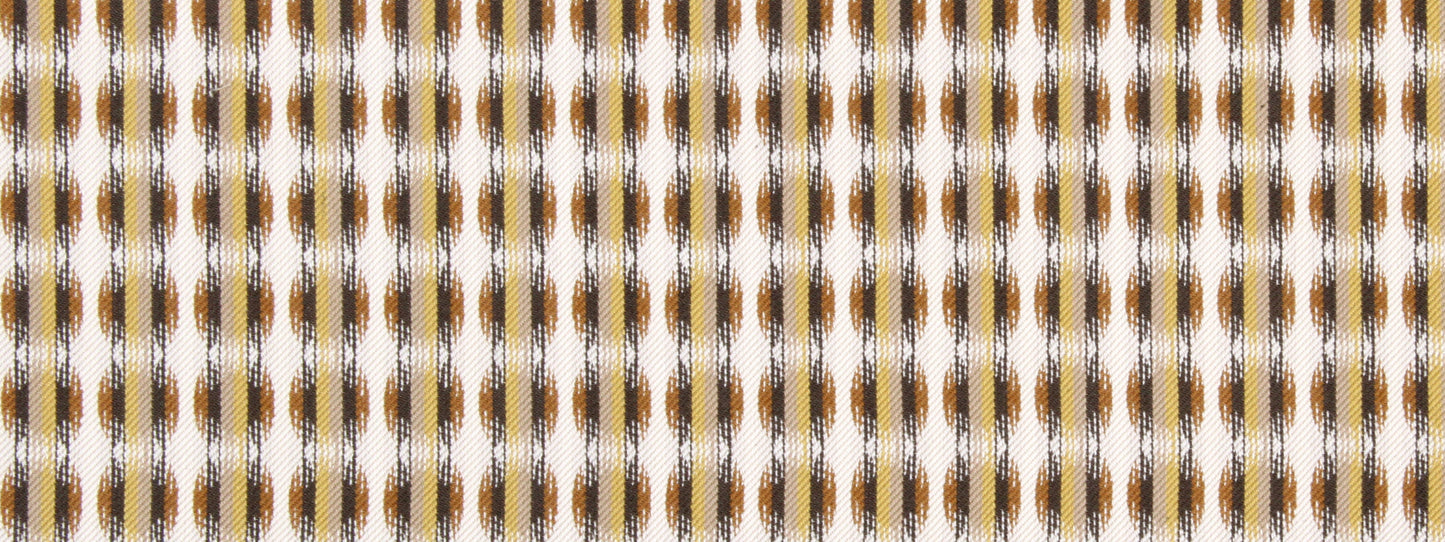 Brown, black, and white upholstery fabric with a dotted geometric pattern.