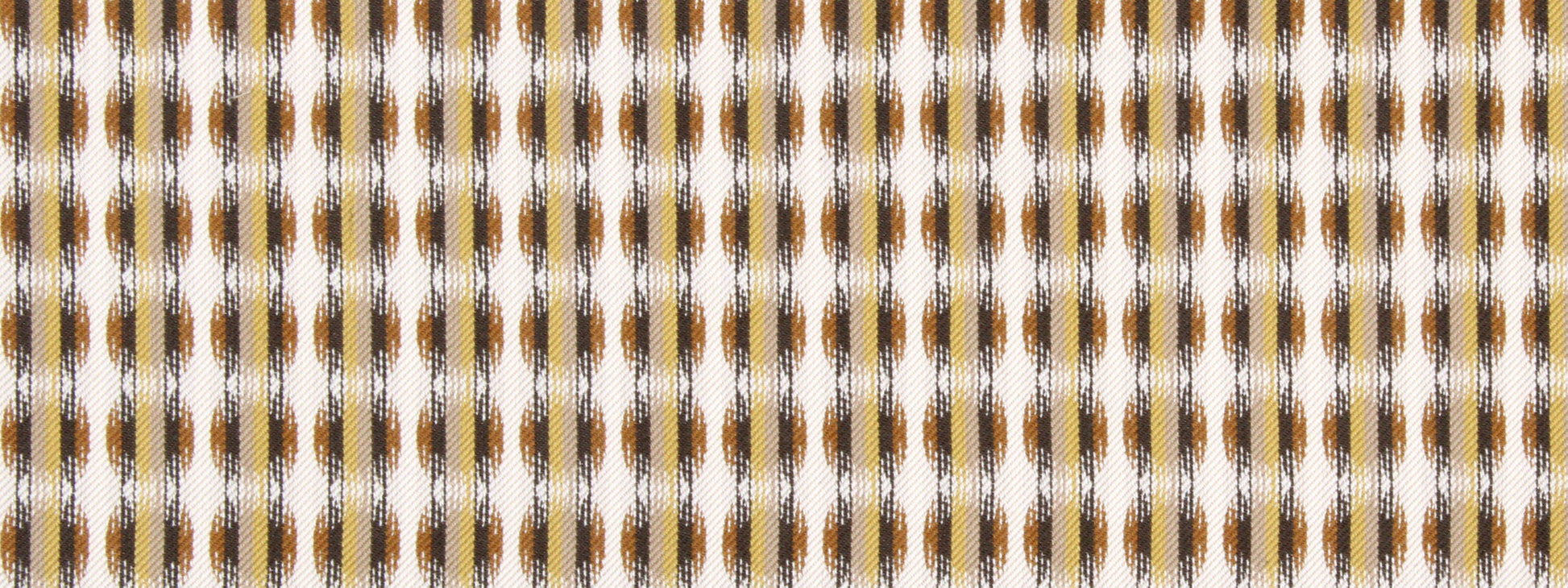 Brown, black, and white upholstery fabric with a dotted geometric pattern.