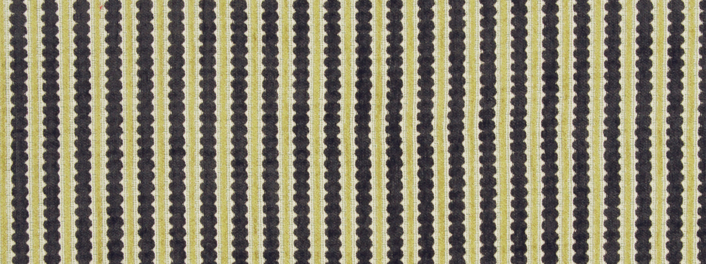 Navy blue dot pattern forming vertical stripes on beige upholstery fabric; vintage geometric textile.
