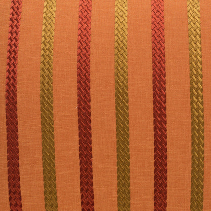 Orange fabric with vertical braided stripes in red, gold and rust tones, woven textured look on a 24 x 24 pillow