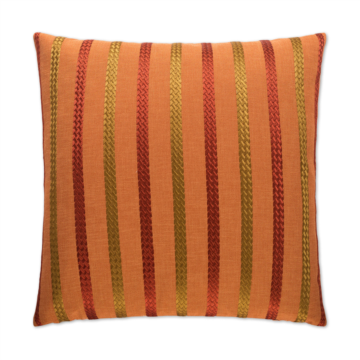 Orange decorative throw pillow, 24 x 24 inches, with flame-striped pattern and soft fabric.