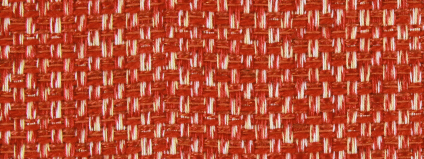 Close-up red woven fabric with white threads, textured textile pattern.