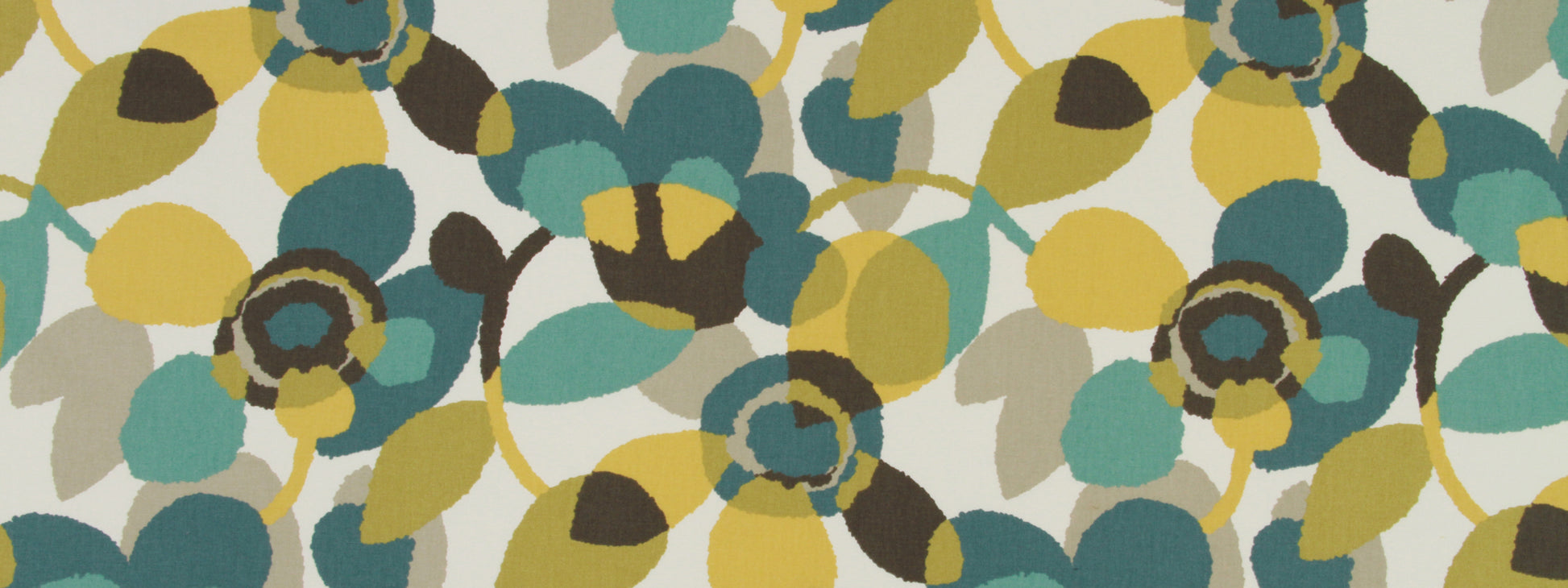 Abstract floral print with circular teal, mustard, olive blooms and gray leaves on a pale background; fabric pattern