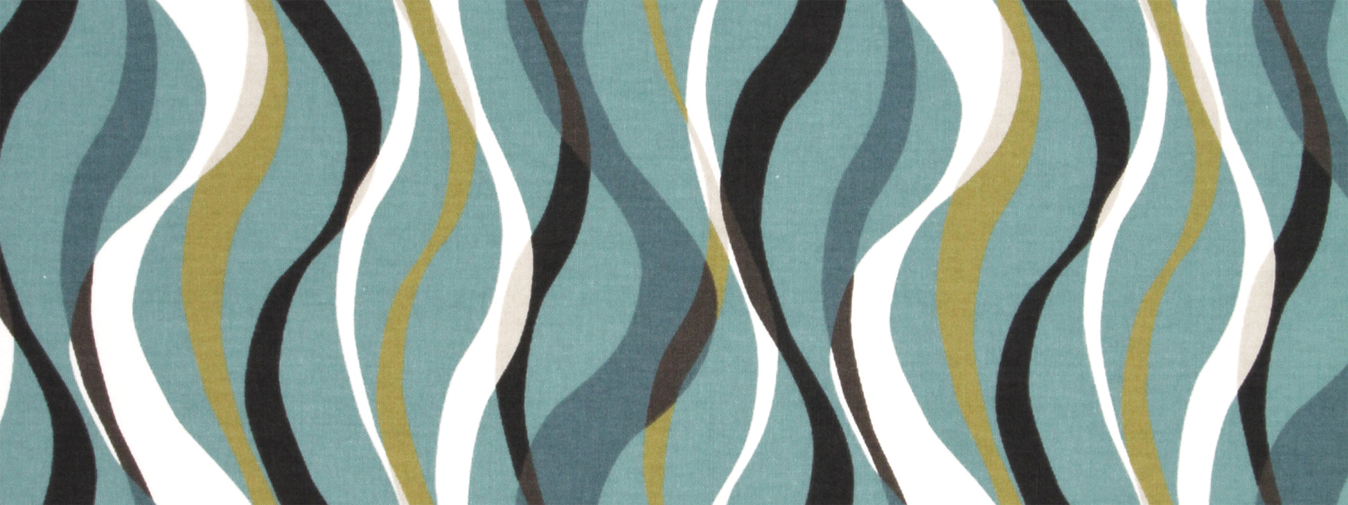 Abstract wavy stripe print in teal, turquoise, white, black & gold; textile fabric pattern.