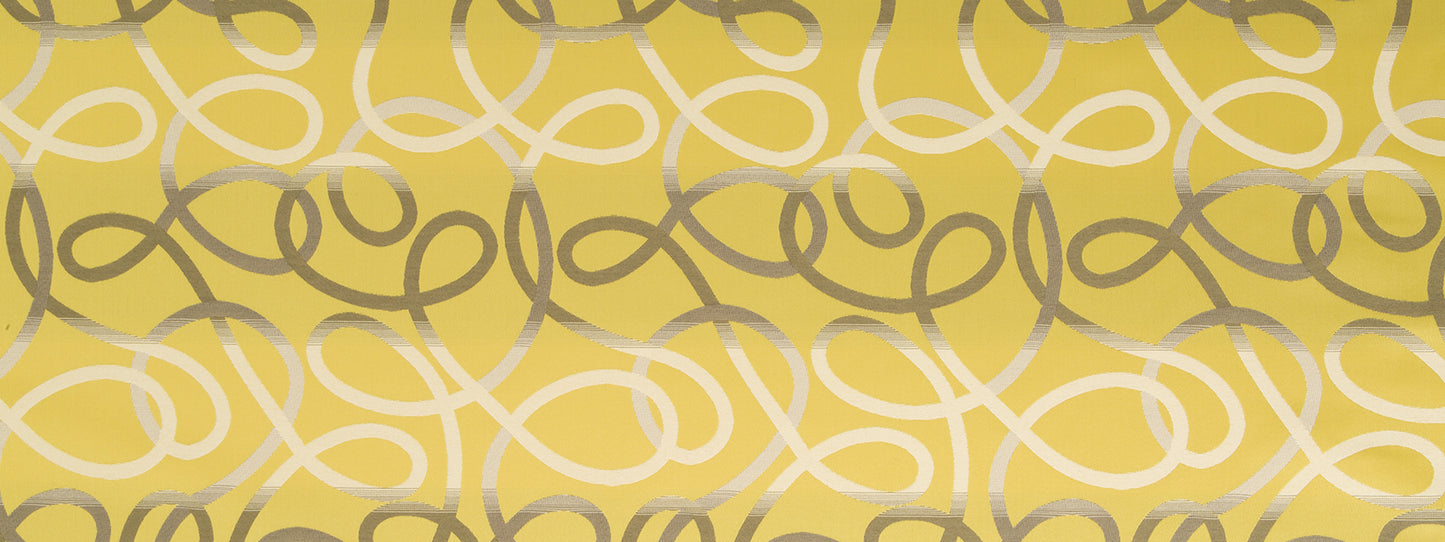 Golden yellow upholstery fabric with white and gray looping swirls.
