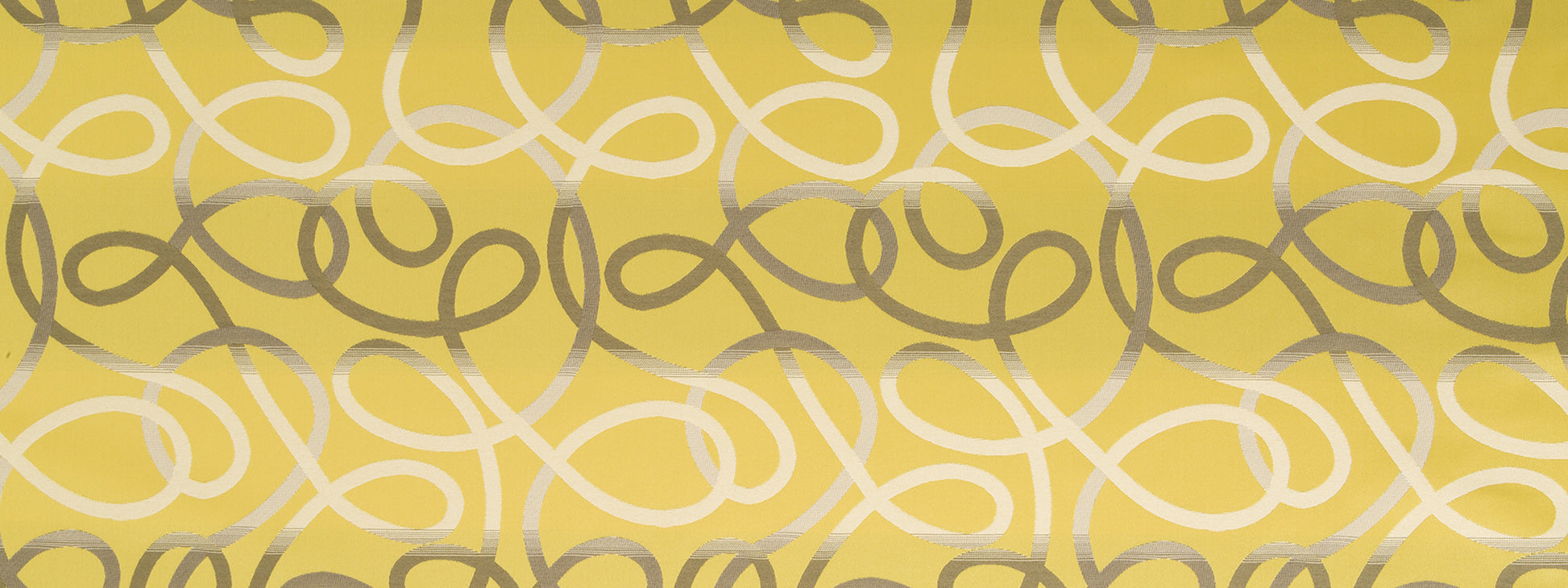 Golden yellow upholstery fabric with white and gray looping swirls.