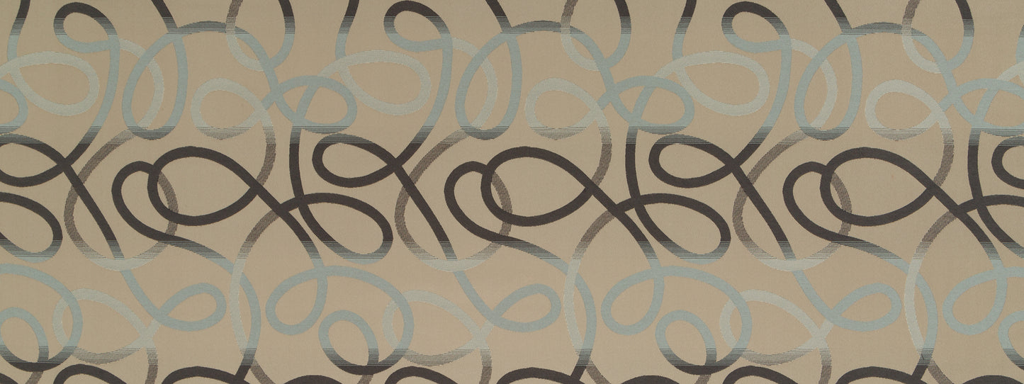 Upholstery fabric with a repeating brown & light-blue interlocking scroll pattern on a beige background.