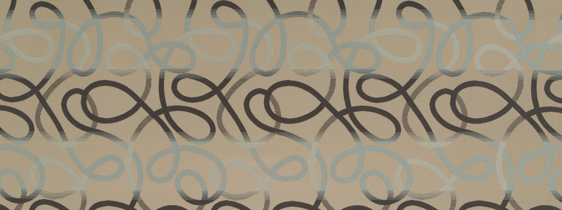 Upholstery fabric with a repeating brown & light-blue interlocking scroll pattern on a beige background.