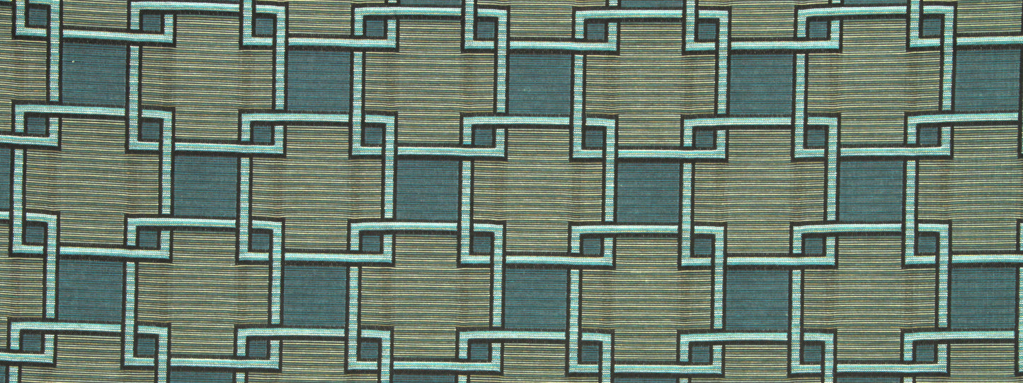 Teal & beige interlocking Greek-key fretwork lattice on a textured fabric background; geometric upholstery textile pattern.
