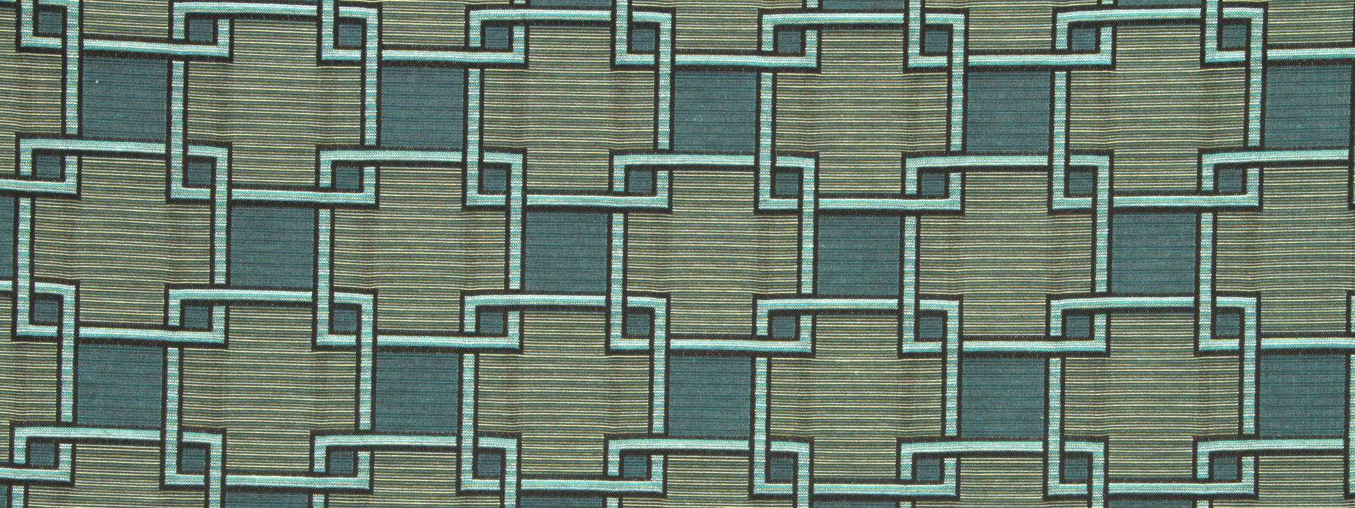 Teal & beige interlocking Greek-key fretwork lattice on a textured fabric background; geometric upholstery textile pattern.