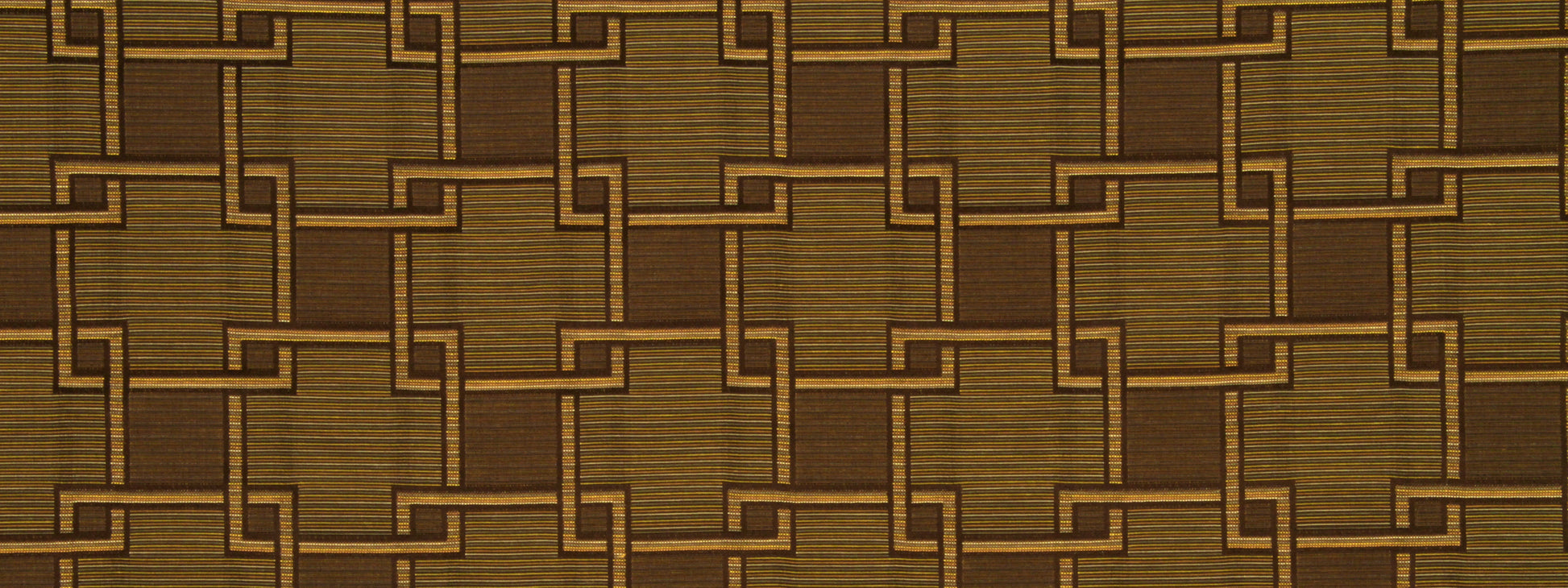 Walnut brown woven upholstery fabric with a tan interlocking fretwork pattern; textured fabric.