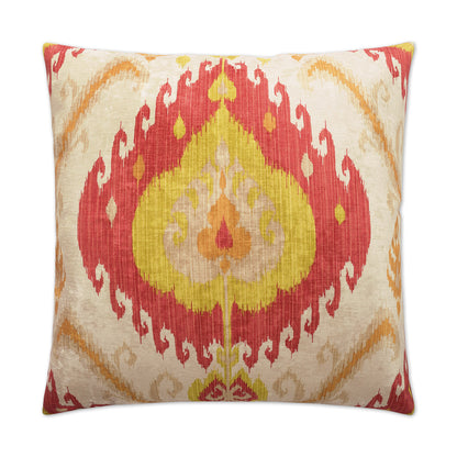 Square throw pillow with a vibrant red and yellow ikat-inspired teardrop medallion on cream background; decorative sofa cushion.