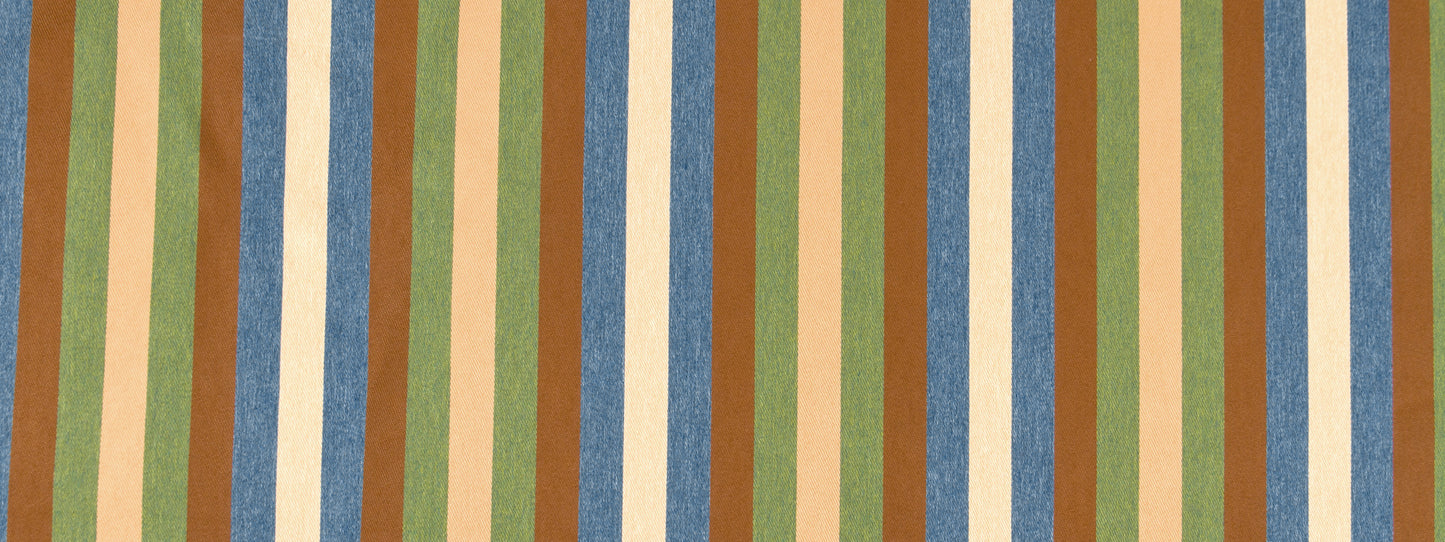 Leaf-pattern upholstery fabric in olive green, teal, tan, beige, brown and blue.