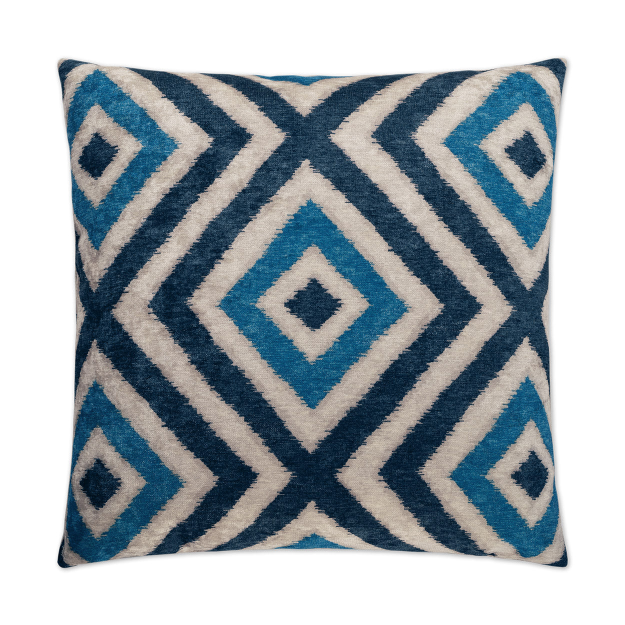 Square decorative pillow with navy, sky blue and white diamond geometric pattern on plush textured fabric.