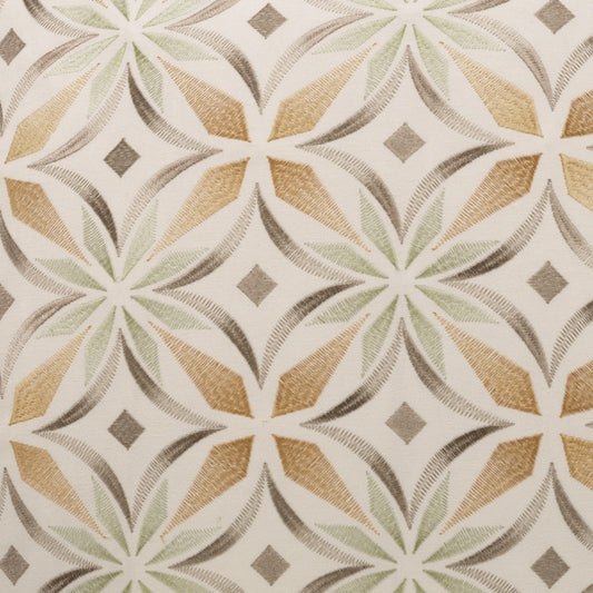 Textured fabric with a geometric rosette pattern of interlocking circles in beige, tan, pale green and gray on ivory.
