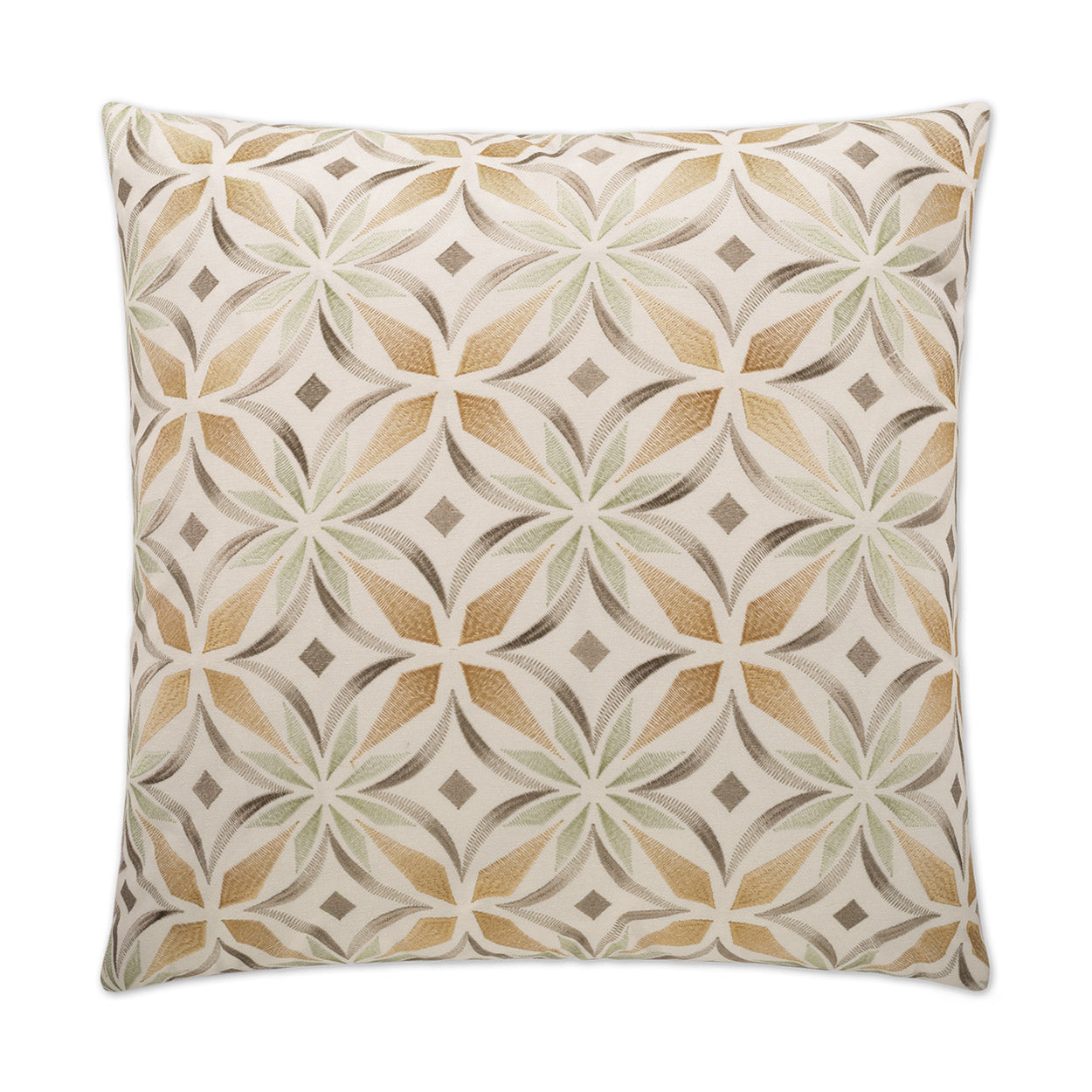 Decorative pillow with a geometric floral pattern in beige, brown, sage green and mustard on cream.