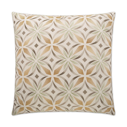 Decorative pillow with a geometric floral pattern in beige, brown, sage green and mustard on cream.