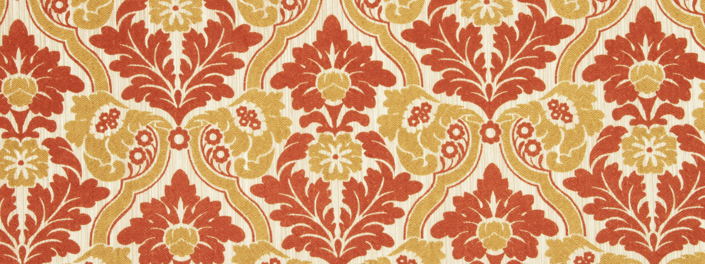 Red and gold damask floral pattern with large blossoms and scrolling leaves on a cream background.