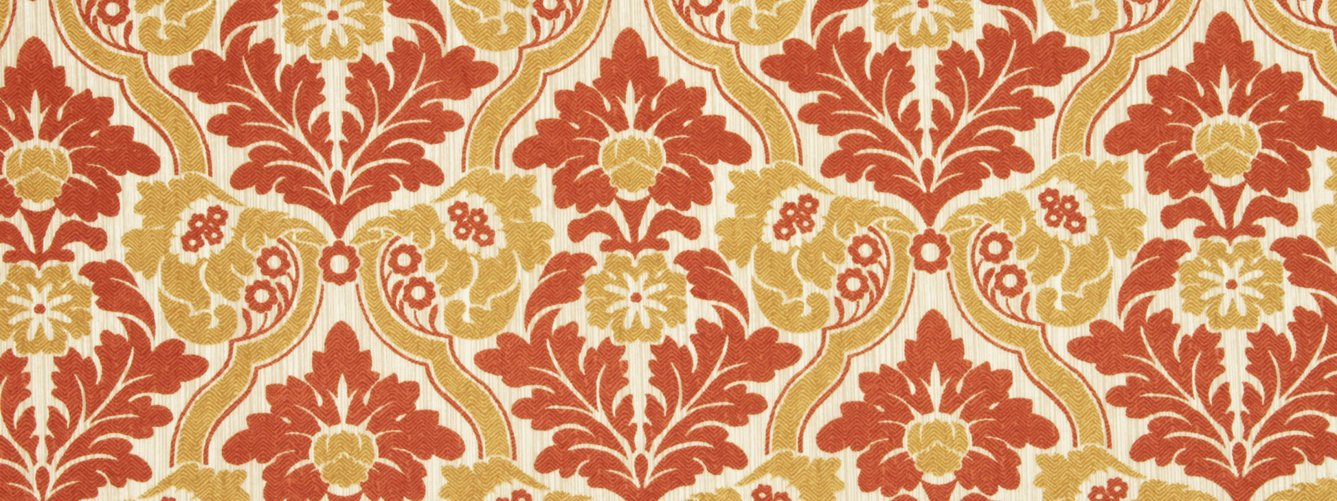 Red and gold damask floral pattern with large blossoms and scrolling leaves on a cream background.