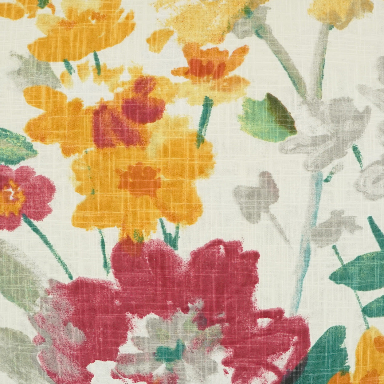 Watercolor floral fabric with yellow, orange and pink blooms, teal stems on a light textured cream background.