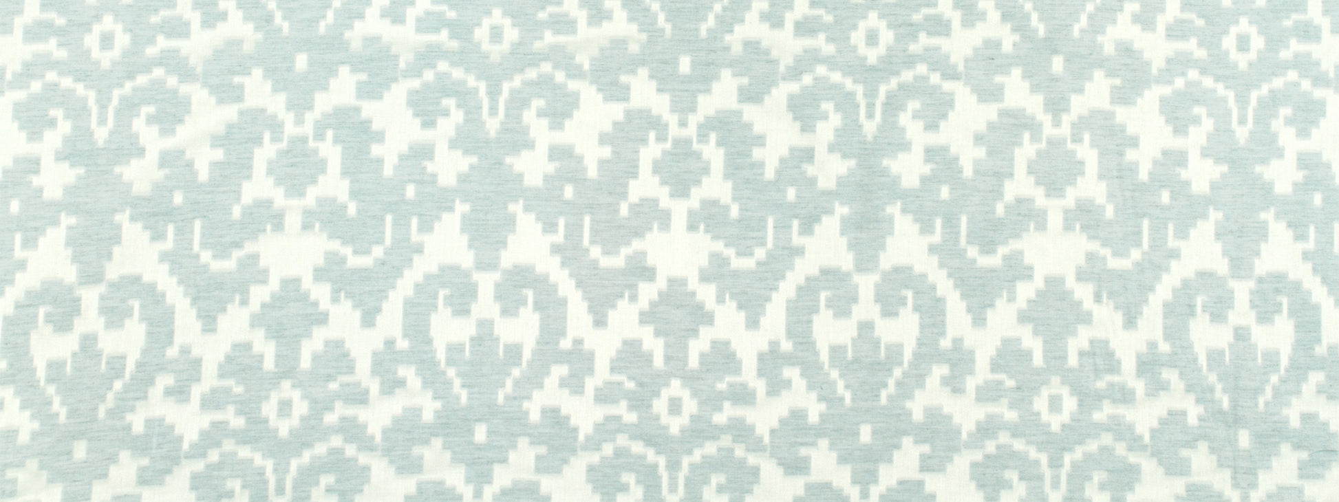 Damask fabric pattern in pale teal on cream background with ornate scrolling floral motifs.
