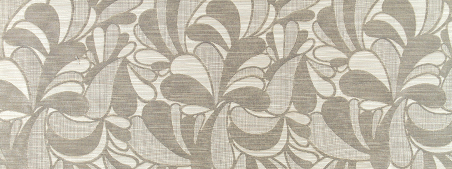 Beige botanical-patterned fabric with overlapping taupe leaves.