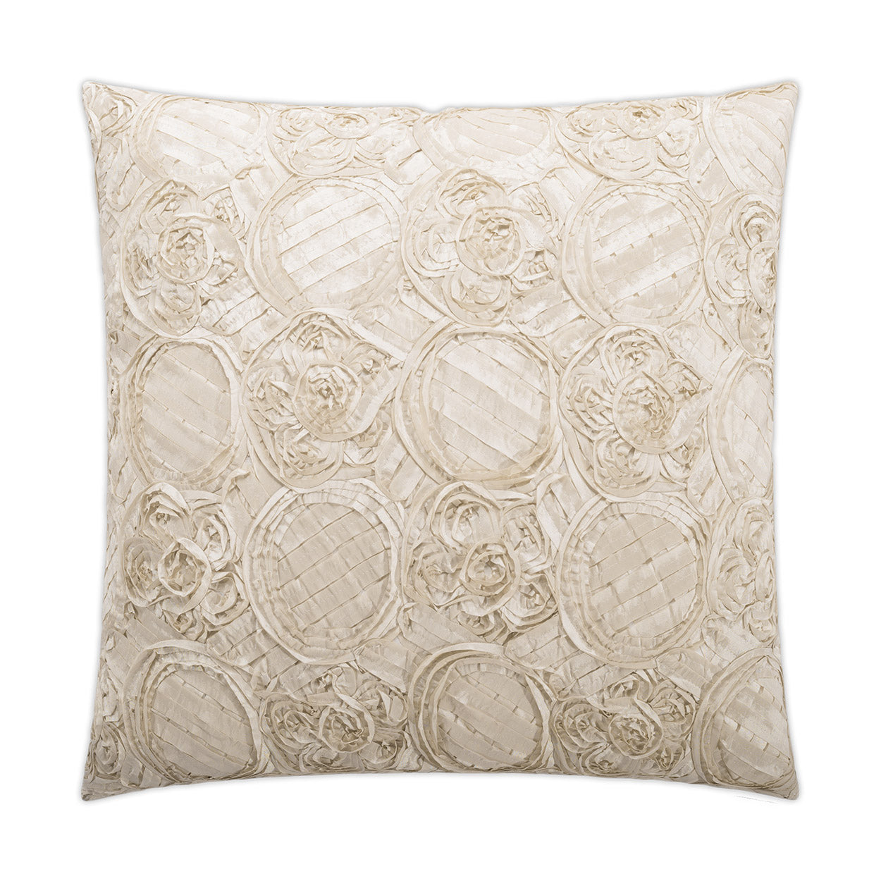 Cream textured square pillow with embossed circular medallions and rose motifs in jacquard fabric.