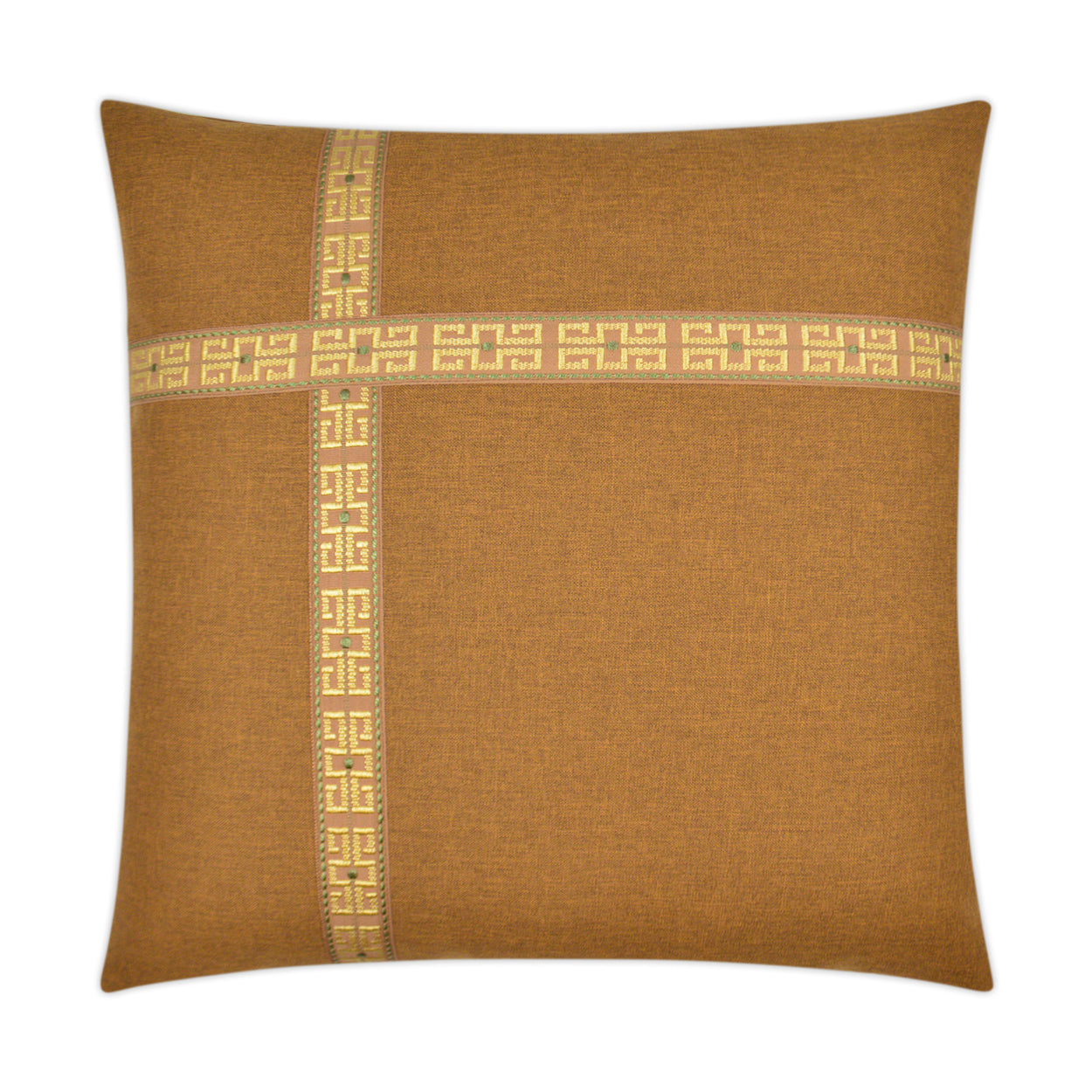 Brown square decorative pillow with gold bands on linen-like fabric.