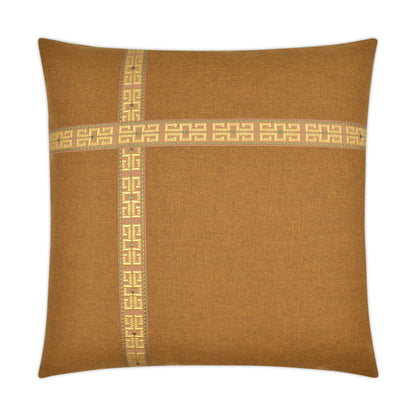 Brown square decorative pillow with gold bands on linen-like fabric.
